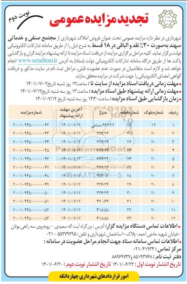 تجدید مزایده فروش املاک شهرداری از مجتمع صنفی و خدماتی -نوبت دوم