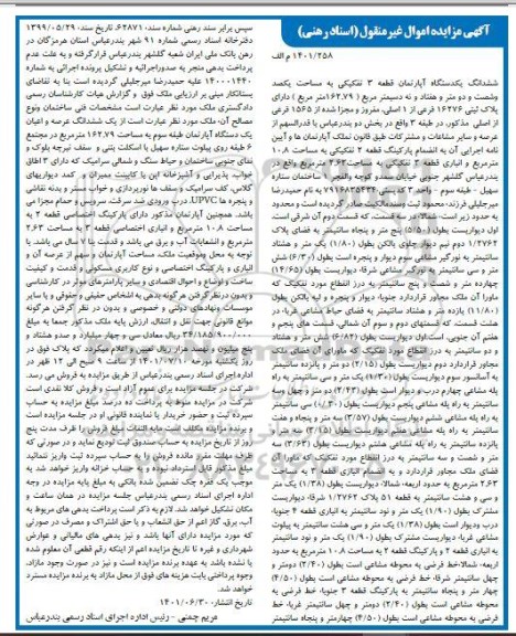 مزایده ششدانگ یک دستگاه آپارتمان قطعه 3 تفکیکی به مساحت یکصد و شصت و دو متر و هفتاد و نه دسیمتر مربع
