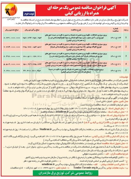 مناقصه  برون سپاری اتفاقات، نگهداری و تعمیرات شبکه به صورت کلید....- نوبت دوم 