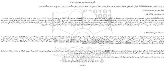 مزایده فروش یک دستگاه آپارتمان مسکونی (وضعیت خاص طلق) به پلاک ثبتی شماره فرعی 13467 از اصلی 69 مفروز ومجزی از 1254 قطعه 2 و بمساحت 19/ 63 متر مربع