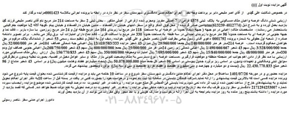 مزایده فروش شش دانگ عرصه واعیان ملک مسکونی به  پلاک  ثبتی 4375 فرعی از 7-اصلی مفروز ومجزی شده ازفرعی از اصلی 
