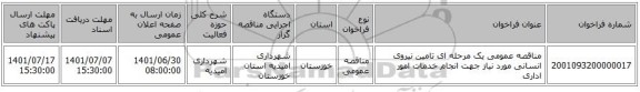 مناقصه، مناقصه عمومی یک مرحله ای تامین نیروی انسانی مورد نیاز جهت انجام خدمات امور اداری