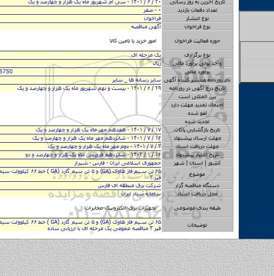 مناقصه, ۶۵ تن سیم فاز هاوک (GA) و ۵ تن سیم گارد (GA ) خط ۶۶ کیلوولت سیمان سپهر – قیر ۳