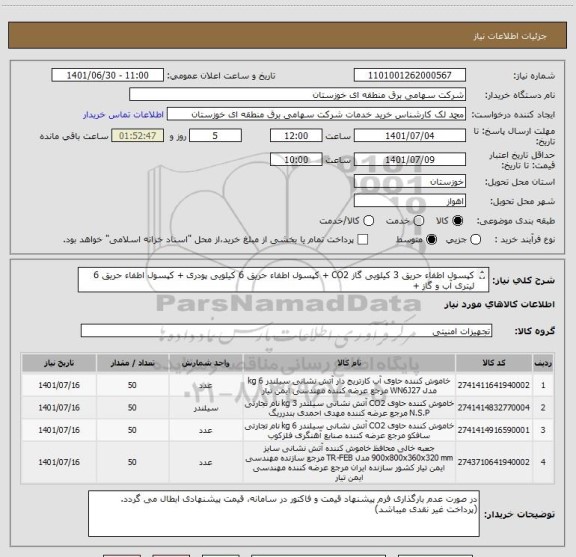 استعلام کپسول اطفاء حریق 3 کیلویی گاز CO2 + کپسول اطفاء حریق 6 کیلویی پودری + کپسول اطفاء حریق 6 لیتری آب و گاز + 
جایگاه نصب کپسول MDF(مطابق پیوست)