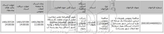 مناقصه، مناقصه عمومی همزمان با ارزیابی (یکپارچه) یک مرحله ای طرح آبرسانی شهر بجستان (احداث ایستگاه پمپاژ شماره3 خط انتقال شهر بجستان)