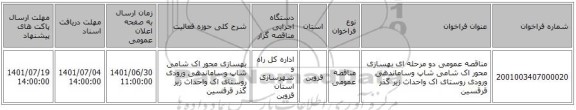 مناقصه، مناقصه عمومی دو مرحله ای بهسازی محور اک شامی شاپ وساماندهی ورودی روستای اک واحداث زیر گذر قرقسین