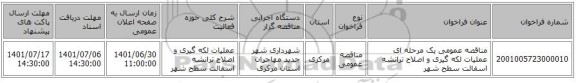 مناقصه، مناقصه عمومی یک مرحله ای عملیات لکه گیری و اصلاح ترانشه اسفالت سطح شهر