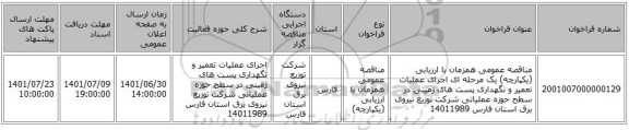 مناقصه، مناقصه عمومی همزمان با ارزیابی (یکپارچه) یک مرحله ای اجرای عملیات تعمیر و نگهداری پست های زمینی در سطح حوزه عملیاتی شرکت توزیع نیروی برق استان فارس 14011989
