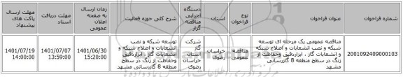 مناقصه، مناقصه عمومی یک مرحله ای توسعه شبکه و نصب انشعابات و  اصلاح شبکه و انشعابات گاز ، ابزاردقیق وحفاظت از زنگ در سطح منطقه 8 گازرسانی مشهد