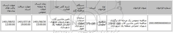 مناقصه، مناقصه عمومی یک مرحله ای برگزاری مناقصه تامین ماشین آلات حوزه خدمات شهری -عمرانی  منطقه یک شهرداری