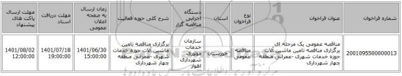 مناقصه، مناقصه عمومی یک مرحله ای برگزاری مناقصه تامین ماشین آلات حوزه خدمات شهری -عمرانی  منطقه چهار شهرداری