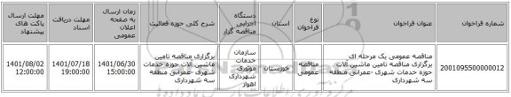 مناقصه، مناقصه عمومی یک مرحله ای برگزاری مناقصه تامین ماشین آلات حوزه خدمات شهری -عمرانی  منطقه سه شهرداری