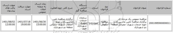 مناقصه، مناقصه عمومی یک مرحله ای برگزاری مناقصه تامین ماشین آلات حوزه خدمات شهری -عمرانی  منطقه دو شهرداری