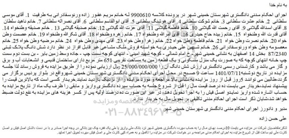 مزایده فروش ملک مشاعی غیر قابل افراز در نظر دارد شش دانگ پلاک ثبتی 87/2340  
