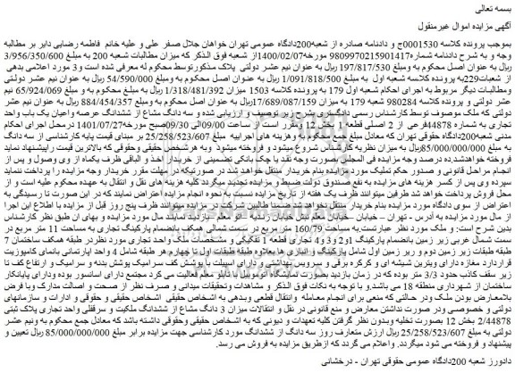 مزایده فروش میزان 3 دانگ مشاع از ششدانگ ملکیت و سرقفلی واحد تجاری پلاک ثبتی 2/44878
