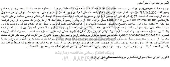 مزایده فروش  تعداد  4377 شل 6 تائی آب معدنی 1/5 لیتری  