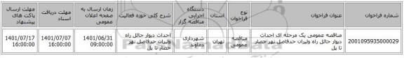 مناقصه، مناقصه عمومی یک مرحله ای احداث دیوار حائل راه ولیران حدفاصل نهر حصار تا پل