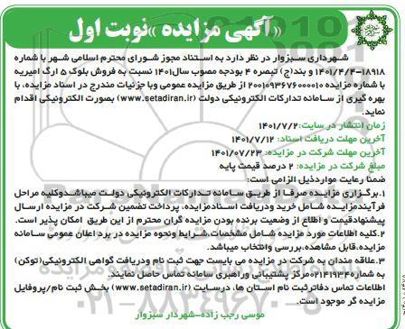 مزایده فروش بلوکه 5 ارگ امیریه 