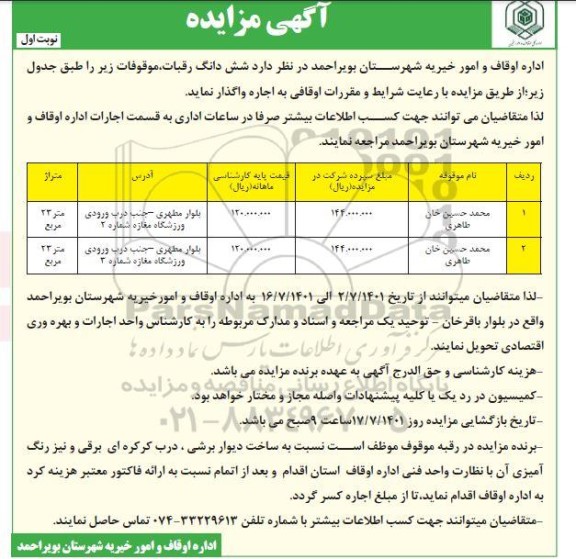 مزایده اجاره ششدانگ رقبات موقوفات 