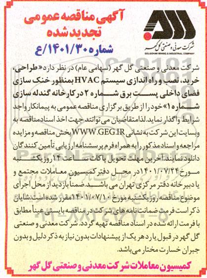 مناقصه طراحی، خرید، نصب و راه اندازی سیستم HVAC به منظور خنک سازی فضای داخلی پست برق تجدید شده