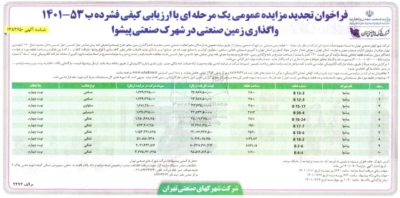 تجدید مزایده عمومی واگذاری زمین صنعتی در شهرک صنعتی پیشوا