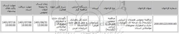 مناقصه، مناقصه عمومی همزمان با ارزیابی (یکپارچه) یک مرحله ای نگهداری جاری و اضطراری محورهای مواصلاتی استان