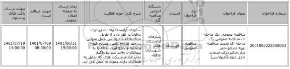 مناقصه، مناقصه عمومی یک مرحله ای مناقصه عمومی یک مرحله ای تجدید مناقصه تهیه مصالح،حفر مزار،خاکبرداری،خدمات حمل متوی(آمبولانس)