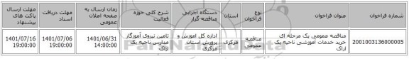 مناقصه، مناقصه عمومی یک مرحله ای خرید خدمات آموزشی ناحیه یک اراک