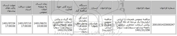 مناقصه، مناقصه عمومی همزمان با ارزیابی (یکپارچه) یک مرحله ای لکه گیری و روکش آسفالت حفاظتی در محور باغچه-نیشابور-سبزوار(نوبت سوم) 1401/31/258