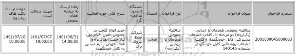 مناقصه، مناقصه عمومی همزمان با ارزیابی (یکپارچه) دو مرحله ای کلمپ انشعاب مشترکین کابل خودنگهدار و کلمپ انشعاب روشنائی کابل خودنگهدار بشماره 140145