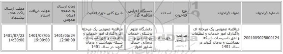 مناقصه، مناقصه عمومی یک مرحله ای واگذاری امور خدمات و تنظیفات و امور تاسیسات شبکه بهداشت و درمان گتوند در سال 1401