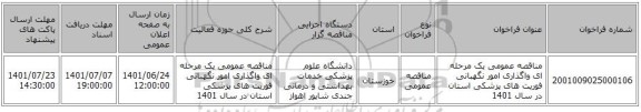 مناقصه، مناقصه عمومی یک مرحله ای واگذاری امور نگهبانی فوریت های پزشکی استان در سال 1401