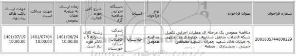 مناقصه، مناقصه عمومی یک مرحله ای عملیات اجرایی تکمیل شبکه فاضلاب مناطق شماریه ، خطوط فرعی منتهی به خیابان های شهید چمران ، شهید مصطفی خمینی ، بخشداری ، منطقه