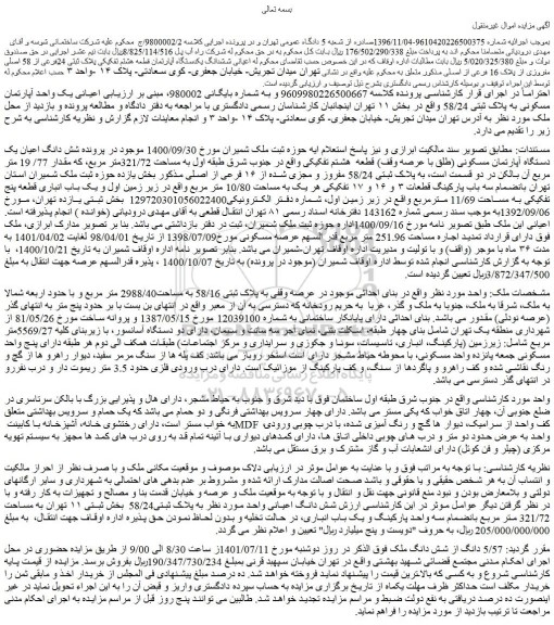مزایده فروش شش دانگ اعیان یک دستگاه آپارتمان مسکونی (طلق با عرصه وقف) قطعه هشتم تفکیکی