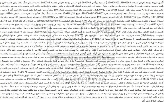آگهی مزایده شش دانگ پلاک ثبتی هشت هزار و یکصد و بیست و هشت فرعی از هشتاد و هفت اصلی