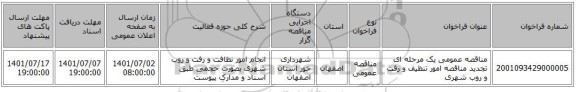 مناقصه، مناقصه عمومی یک مرحله ای تجدید مناقصه امور تنظیف و رفت و روب شهری