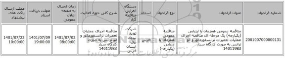 مناقصه، مناقصه عمومی همزمان با ارزیابی (یکپارچه) یک مرحله ای مناقصه  اجرای عملیات تعمیرات  ترانسفورماتور و اتو ترانس به صورت کارگاه سیار 14011983
