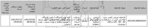 مناقصه، فراخوان ارزیابی کیفی خرید لوله پلی اتیلن در سایزهای 63 ، 90 ، 125  و 160 میلیمتری