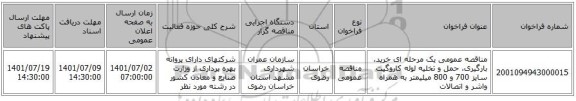 مناقصه، مناقصه عمومی یک مرحله ای خرید، بارگیری، حمل و تخلیه لوله کاروگیت سایز 700 و 800 میلیمتر به همراه واشر و اتصالات
