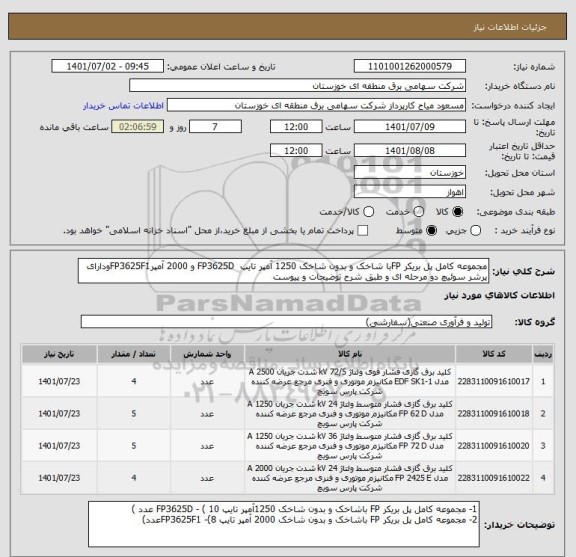 استعلام مجموعه کامل پل بریکر FPبا شاخک و بدون شاخک 1250 آمپر تایپ  FP3625D و 2000 آمپرFP3625F1ودارای پرشر سوئیچ دو مرحله ای و طبق شرح توضیحات و پیوست