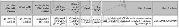 مناقصه، مناقصه عمومی یک مرحله ای انجام عملیات آتشباری و خردایش و استحصال و بارگیری و حمل مصالح معدن تپوک