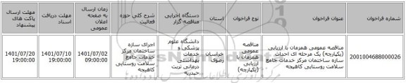 مناقصه، مناقصه عمومی همزمان با ارزیابی (یکپارچه) یک مرحله ای احداث سازه ساختمان مرکز خدمات جامع سلامت روستایی کاهیجه