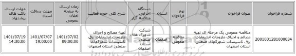 مناقصه، مناقصه عمومی یک مرحله ای تهیه مصالح و اجرای ملزومات انشعابات برق تاسیسات شهرکهای صنعتی استان اصفهان