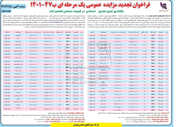 تجدید مزایده واگذاری 19 قطعه زمین تجاری - خدماتی - نوبت دوم