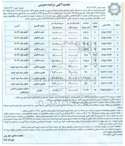 مزایده فروش نقدی املاک با کاربری زمین تجاری مسکونی تجدید