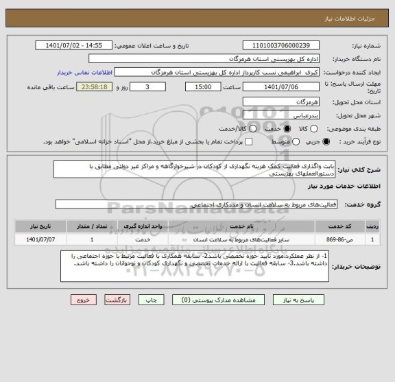 استعلام بابت واگذاری فعالیت کمک هزینه نگهداری از کودکان در شیرخوارگاهه و مراکز غیر دولتی مطابق با دستورالعملهای بهزیستی