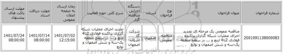 مناقصه، مناقصه عمومی یک مرحله ای تجدید اجرای عملیات شبکه گذاری پراکنده فولادی 2تا4 اینچ و ... در سطح منطقه یک-سه و شش اصفهان و توابع