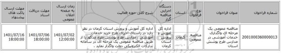 مناقصه، مناقصه عمومی یک مرحله ای واگذاری خدمات آموزشی  در مدارس طرح پوشش استان
