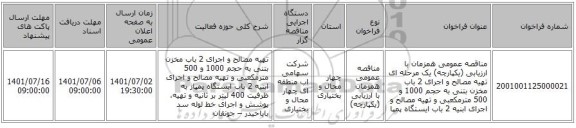 مناقصه، مناقصه عمومی همزمان با ارزیابی (یکپارچه) یک مرحله ای تهیه مصالح و اجرای 2 باب مخزن بتنی به حجم 1000 و 500 مترمکعبی و تهیه مصالح و اجرای ابنیه 2 باب ایستگاه پمپا