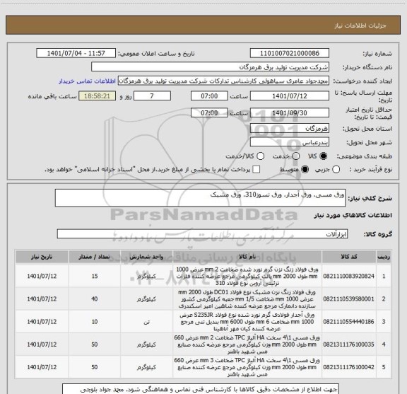 استعلام ورق مسی، ورق آجدار، ورق نسوز310، ورق مشبک